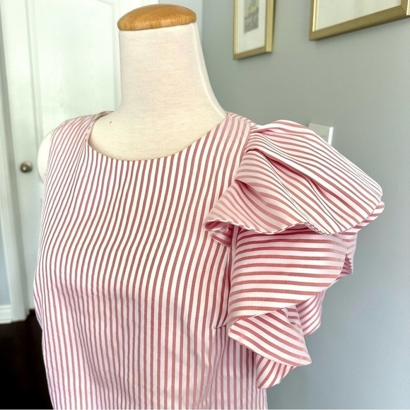 BANANA REPUBLIC Asymmetrical Pink Striped Blouse with One-sided Ruffle Sleeve - Picture 6 of 13